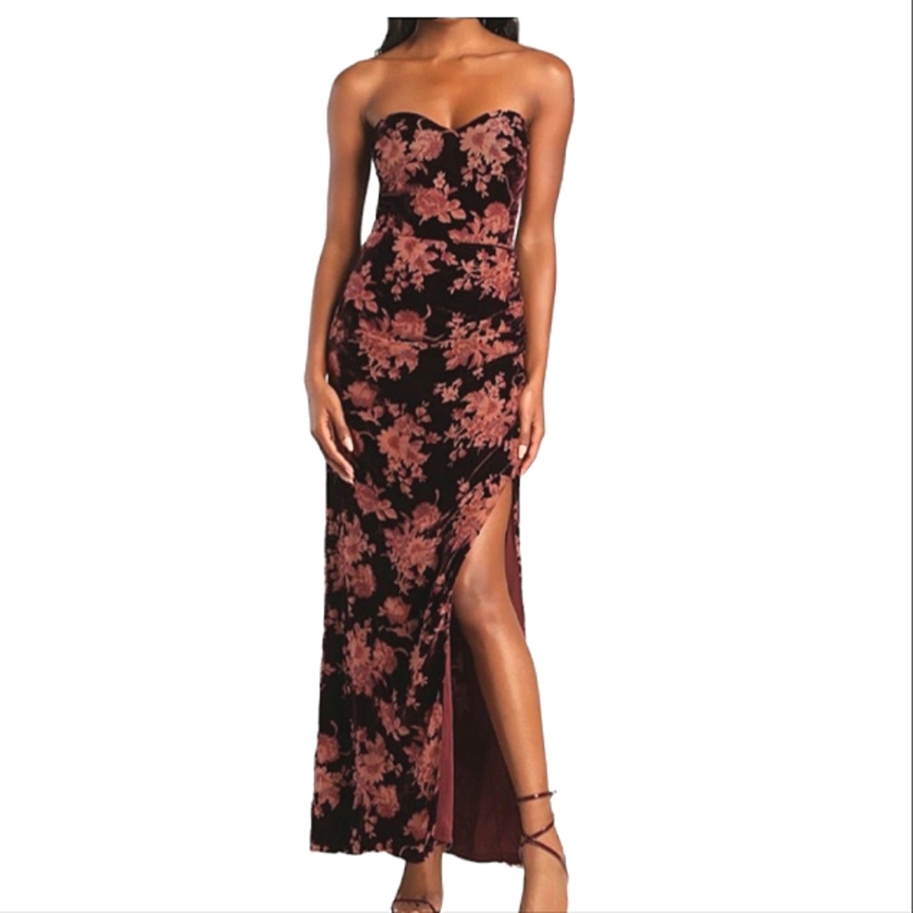 Lulu's Red Wine Floral Burnout Velvet Stapless Maxi Dress